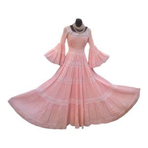 Vintage 70's Pink Maxi Festival Dress HIPPY Georgia Charhus Trumpet Sleeves